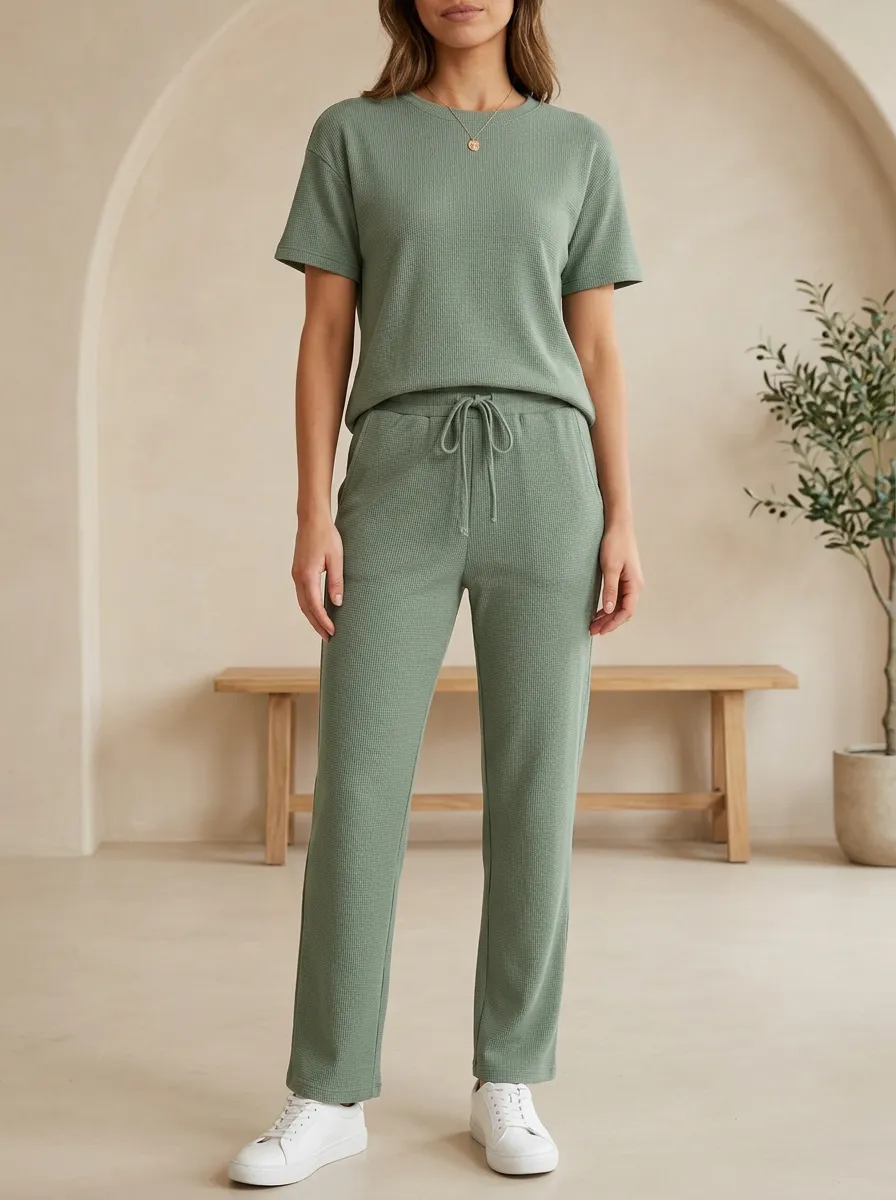 Waffle Knit Drawstring Lounge Set
