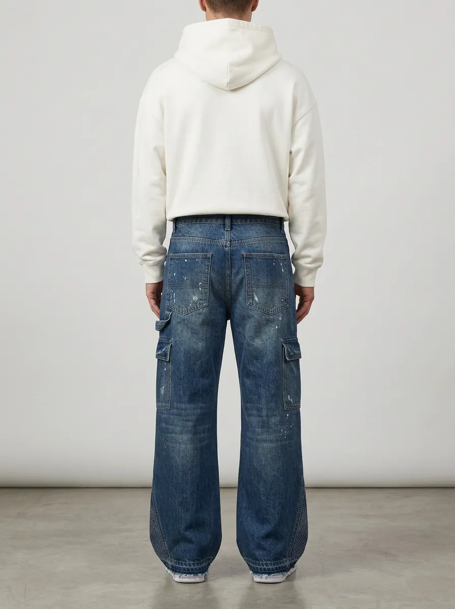Men's Paint Splatter Distressed Wide Leg Cargo Jeans