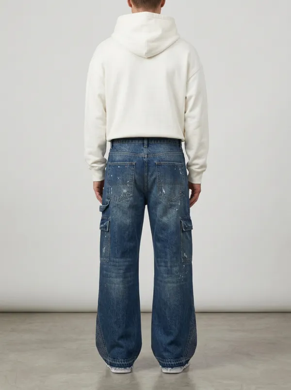 Men's Paint Splatter Distressed Wide Leg Cargo Jeans