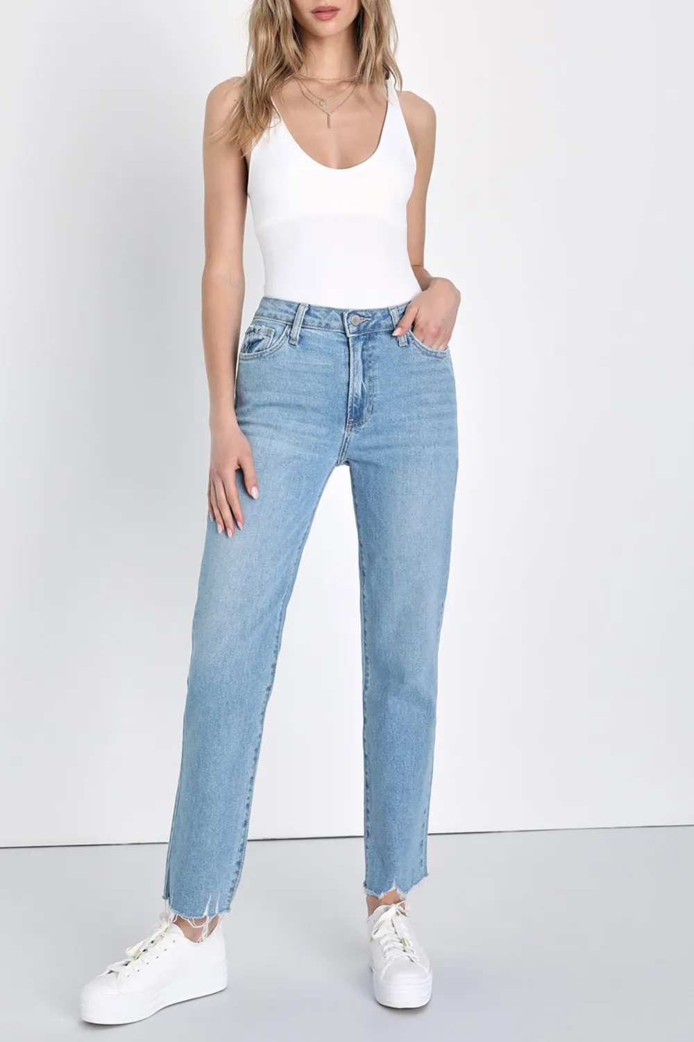 Casual Style High-Waisted Straight-Leg Jeans