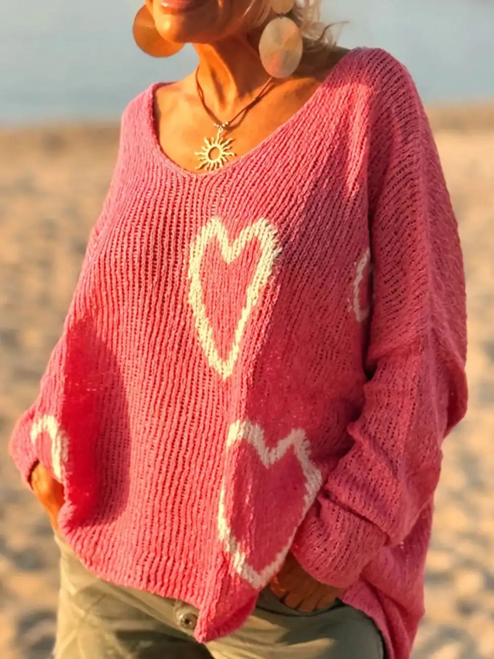 Heart V-Neck Dropped Shoulder Sweater