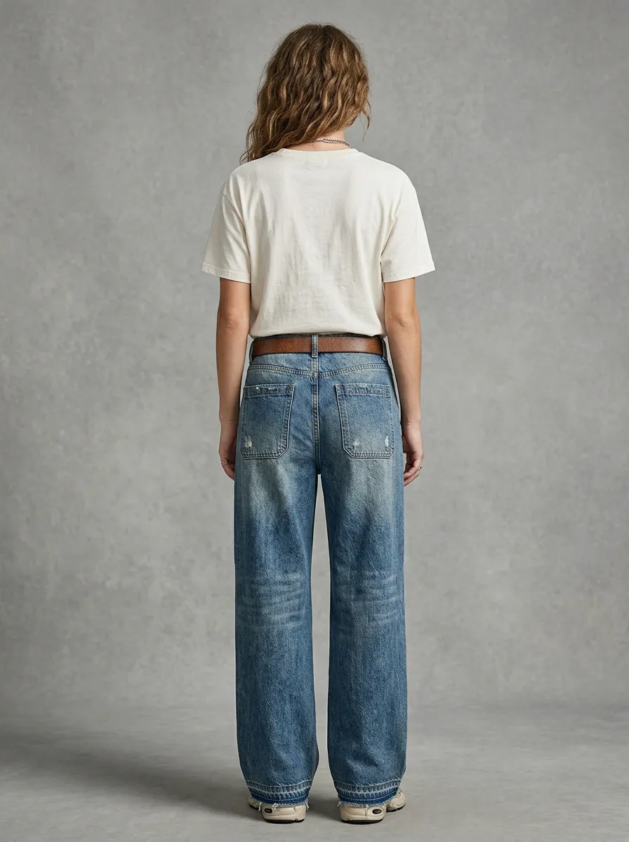 Women's Casual Vintage Distressed Wide Leg Denim Baggy Jeans