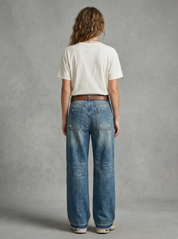 Women's Casual Vintage Distressed Wide Leg Denim Baggy Jeans