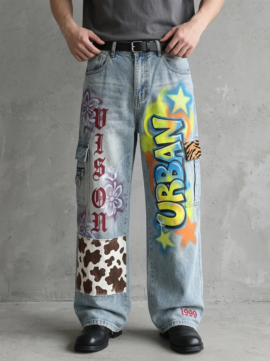 Men's Urban Graffiti Animal Patchwork Graphic Cargo Jeans