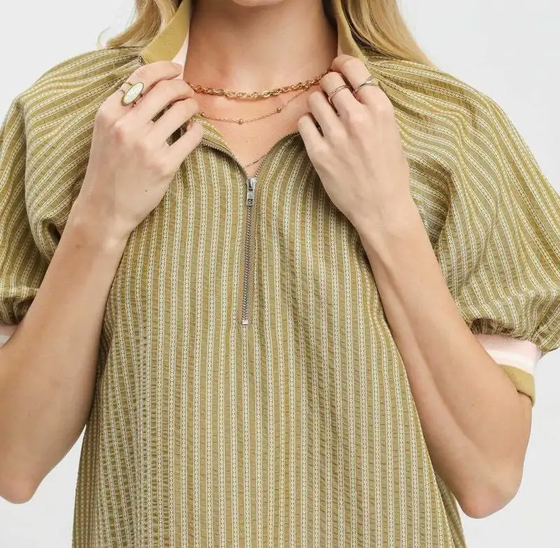 Puff Sleeve Half Zip Relaxed Top