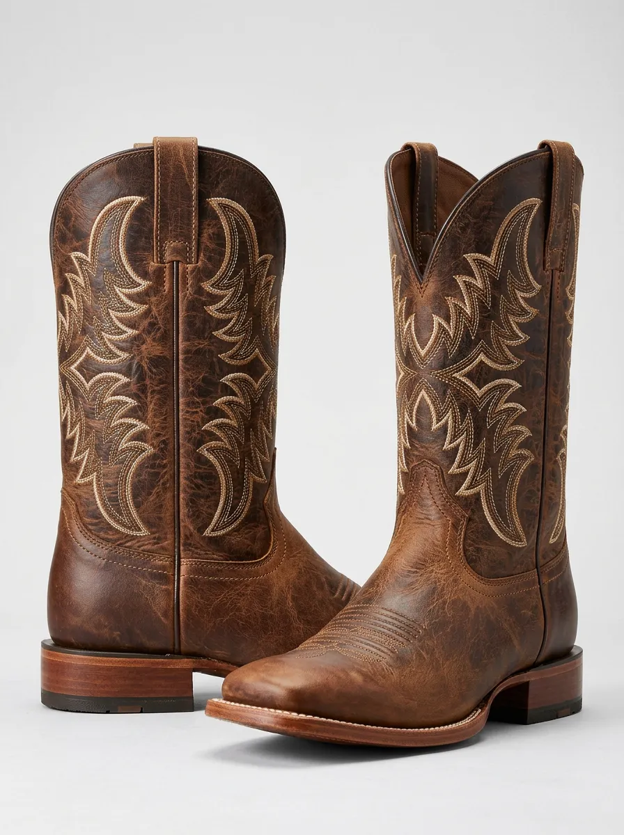 Open-Range Embroidered Distressed Country Style Men's Western Cowboy Boots