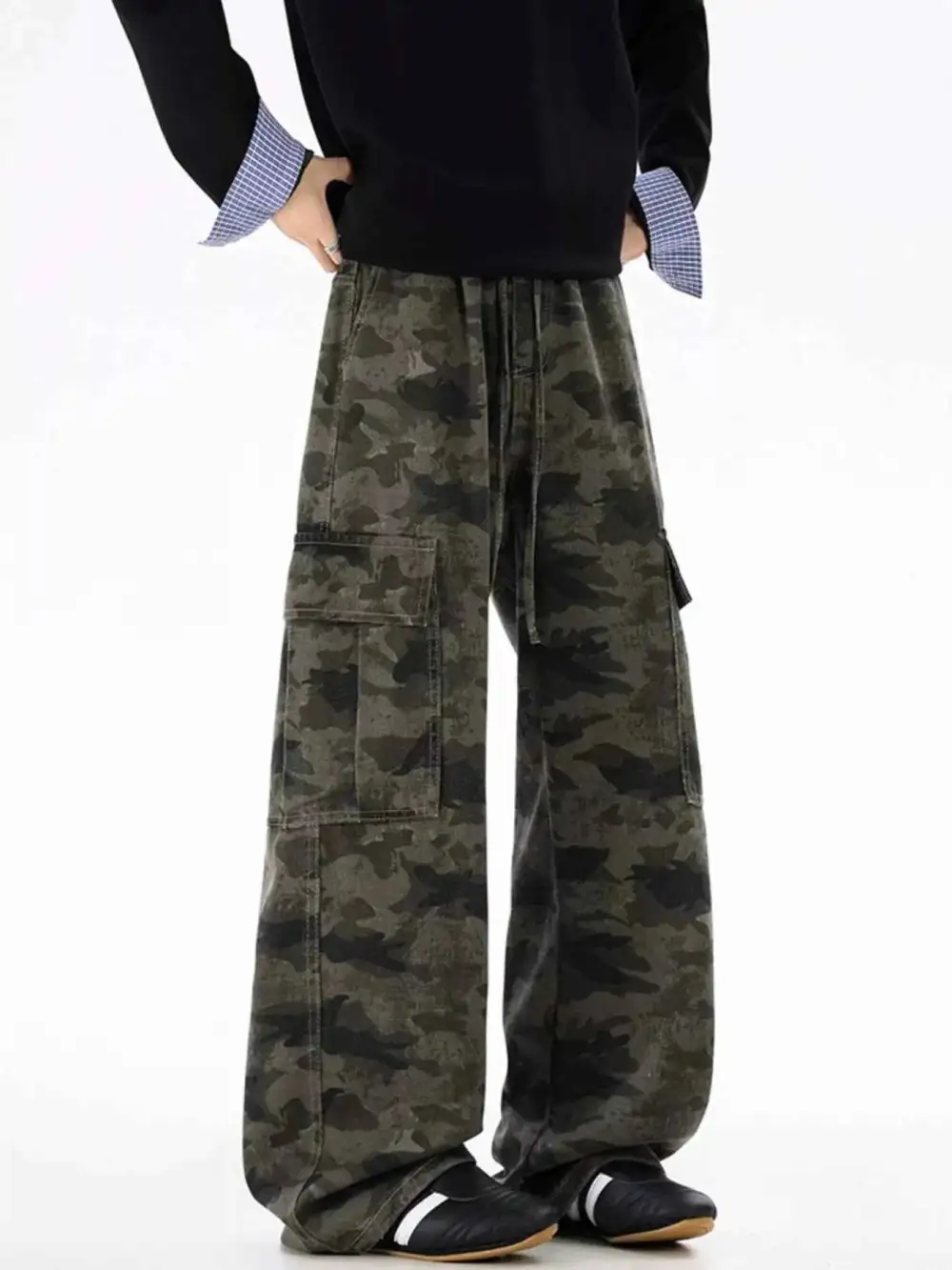 Drawstring Camouflage Wide Leg Pants