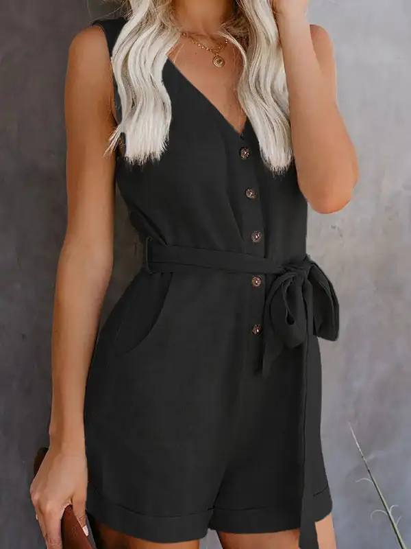 Woven V Neck Button Up Sleeveless Jumpsuit