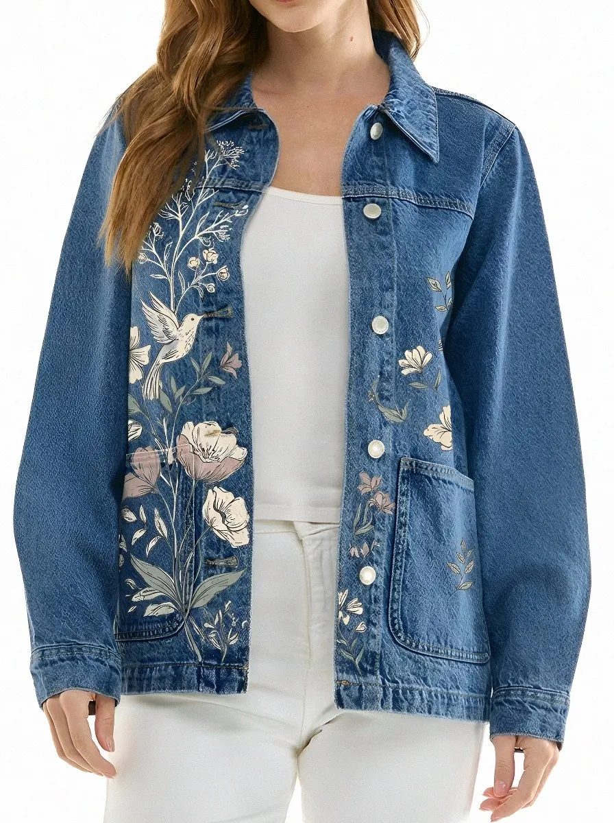 Women's Nature Lover Hummingbird Floral Printed Denim Jacket