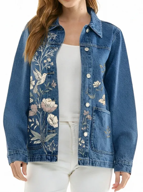 Women's Nature Lover Hummingbird Floral Printed Denim Jacket