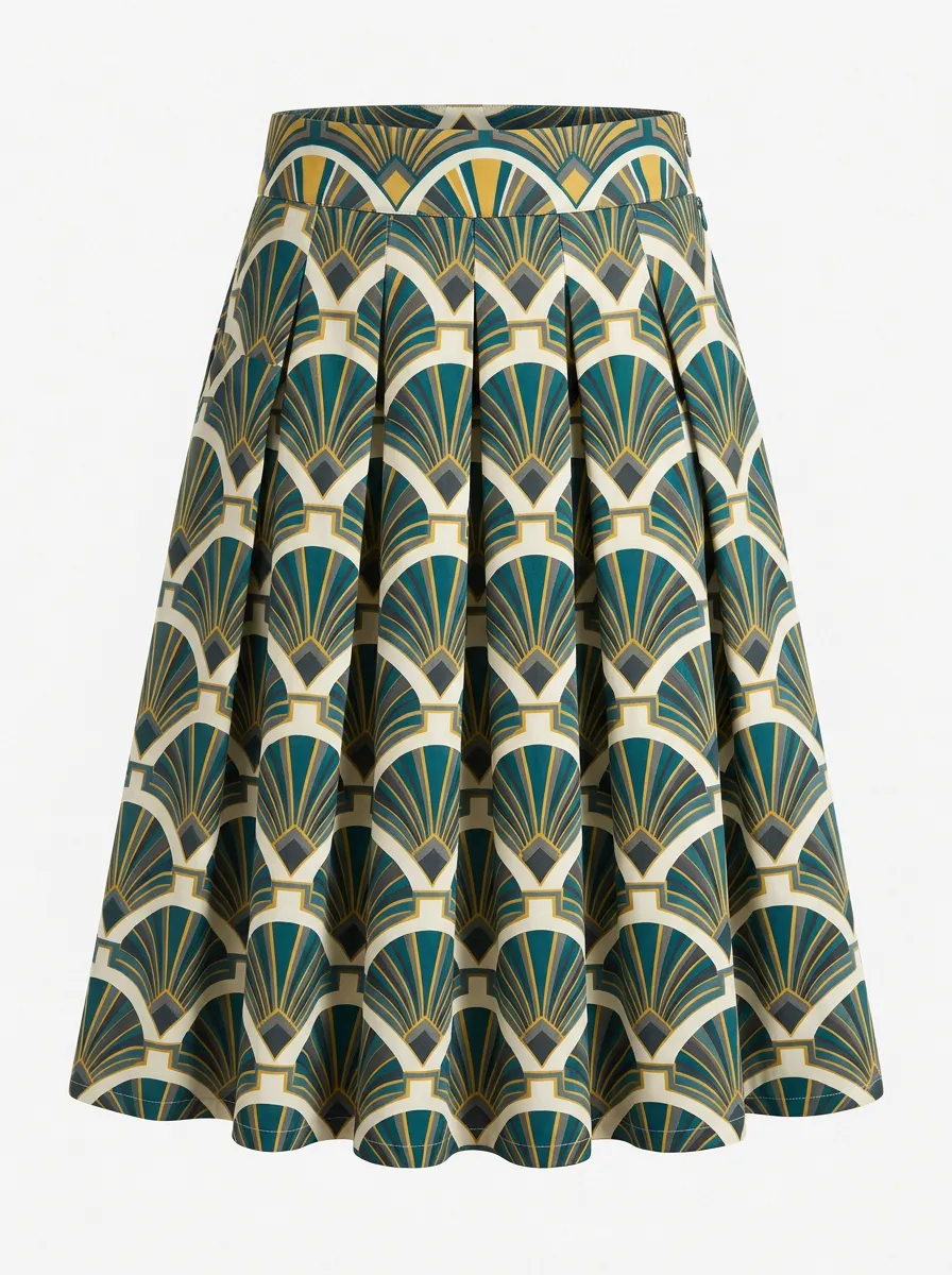 Women's Art Deco Fan Pattern Pleated Printed Midi Skirt