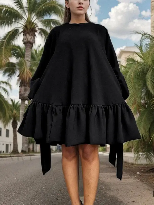 Long Sleeve Relaxed Falbala Solid Color Stand Collar Mini Dress