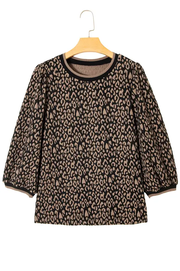 Black Leopard Print Puffy Bracelet Sleeve Contrast Trim Round Neck Top