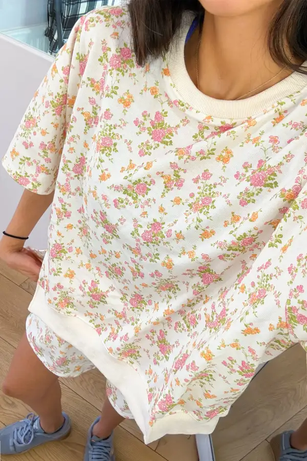 Women's Floral Print Short Sleeve Elastic Waist Pocket Two Piece Set