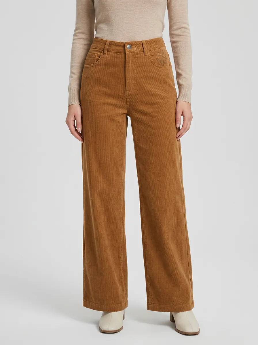 Women's Pocket Embroidered Leaf Wide-Leg Corduroy Pants