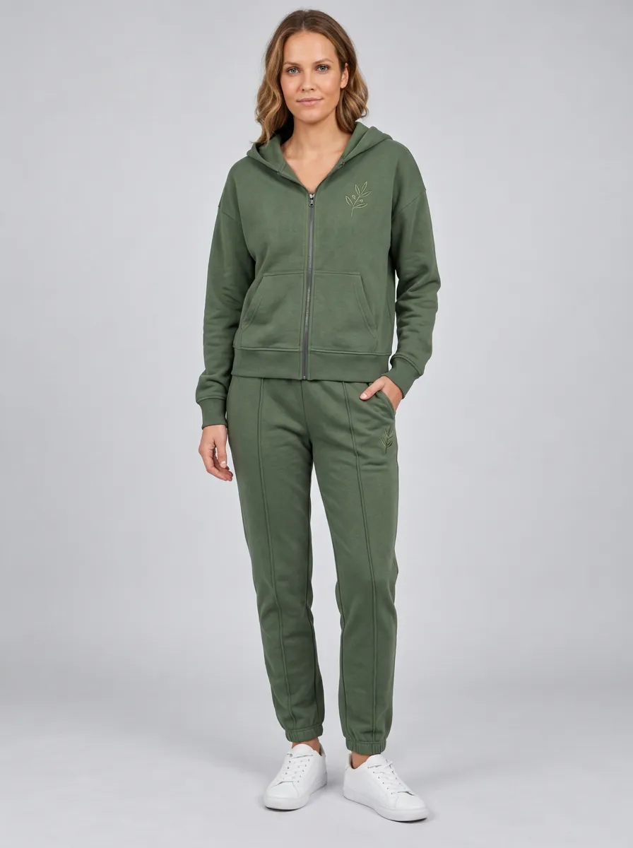 Women's Olive Green Botanical Leaf Embroidered Zip-Up Hoodie Jacket & Jogger Set