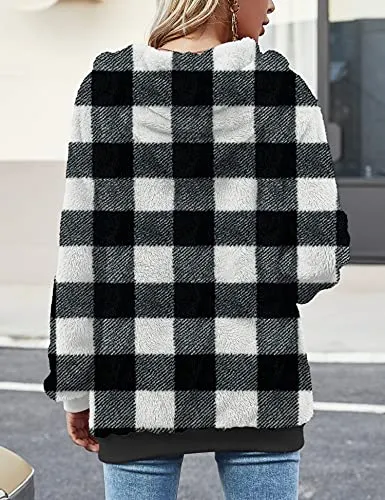 Women Casual Double Fuzzy Sweatshirt Faux Fleece Zip Pullover Hoodies Coat Outwear S-XXL