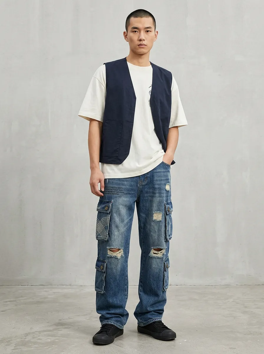 Men's Ridge Streetwear Distressed Graphic Cargo Jeans