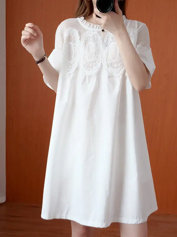 Original Solid Lace Split Side Short Sleeve A Line Mini Dress