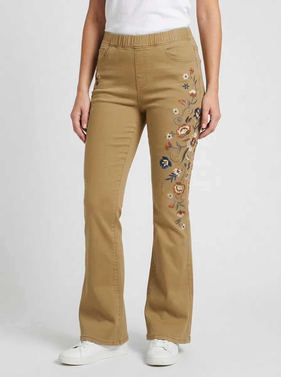 Women's Medium Wash Floral Embroidery Pull-On Waist Flare Jeans