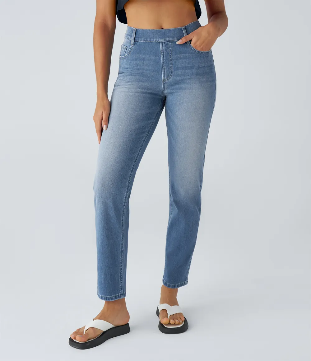 Magic High Waisted Multiple Pockets Straight Leg Washed Stretchy Knit Casual Jeans