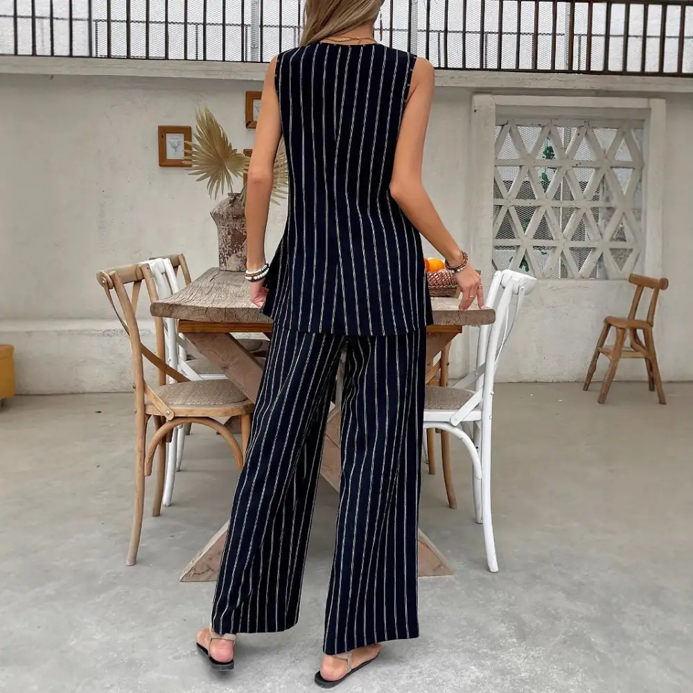Soft Striped Vest Wide Leg Pants Set