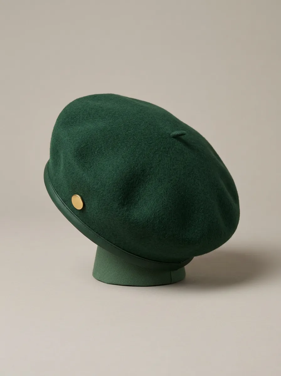 Unisex Green Wool Felt Gold-Tone Button Beret