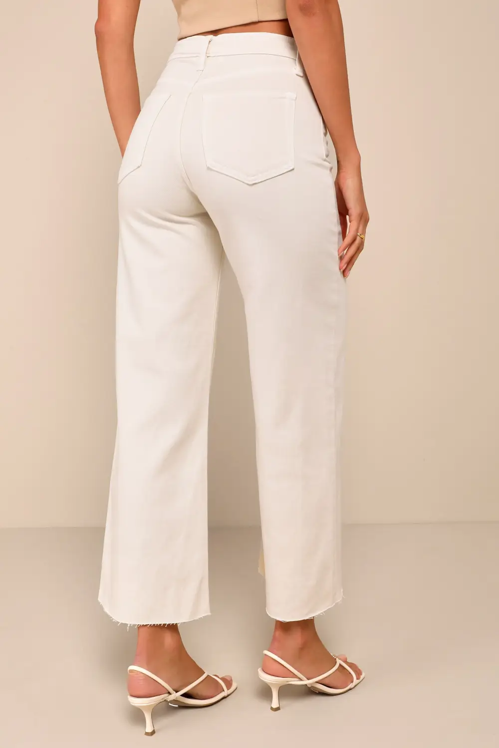 Casual Style Cream Wide-Leg Raw Hem Jeans