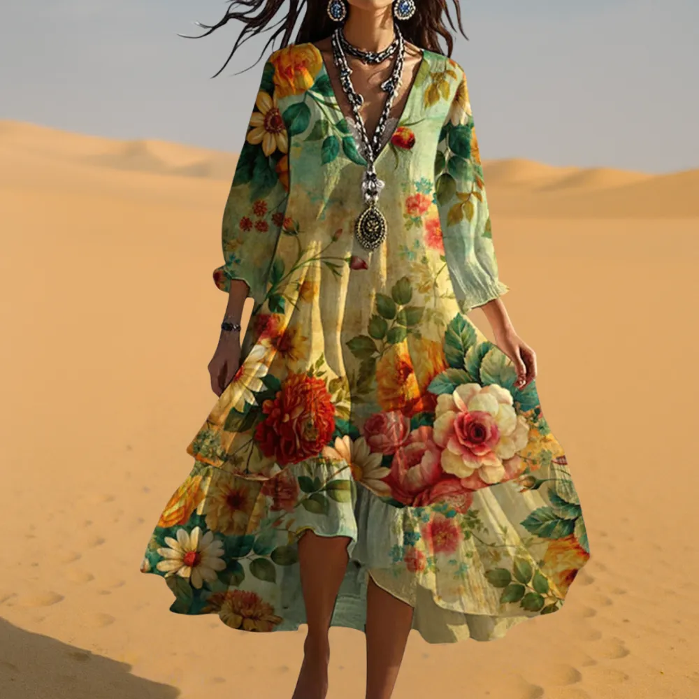  Floral Boho V Neck Dress