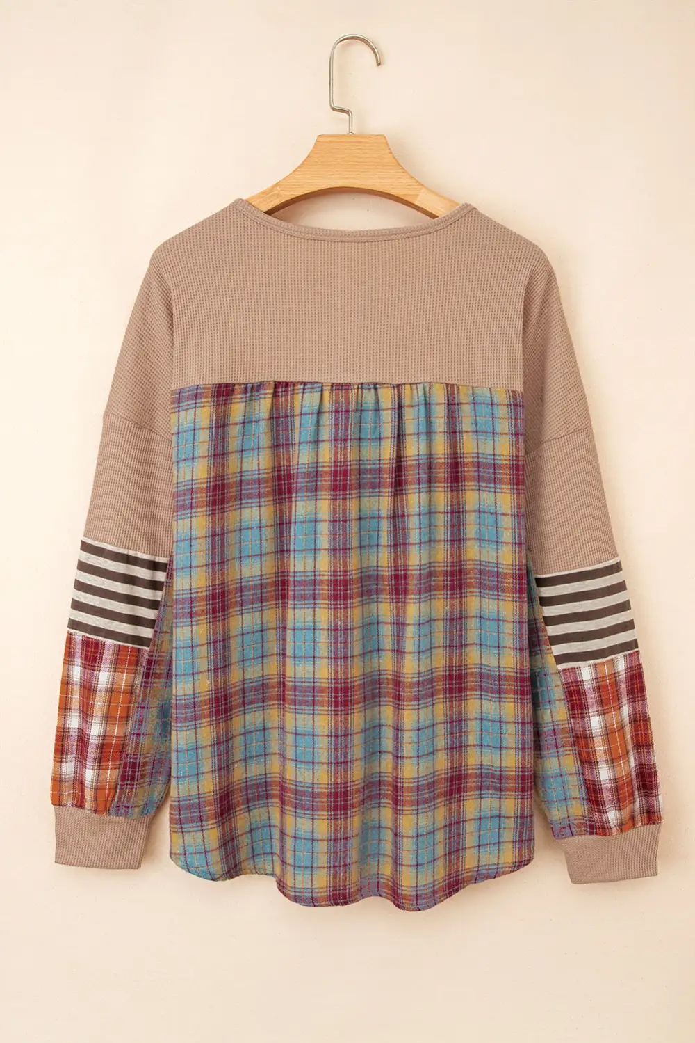Refined Plaid Henley Neck Waffle Knit Relaxed Cotton Blend Long Sleeve Top