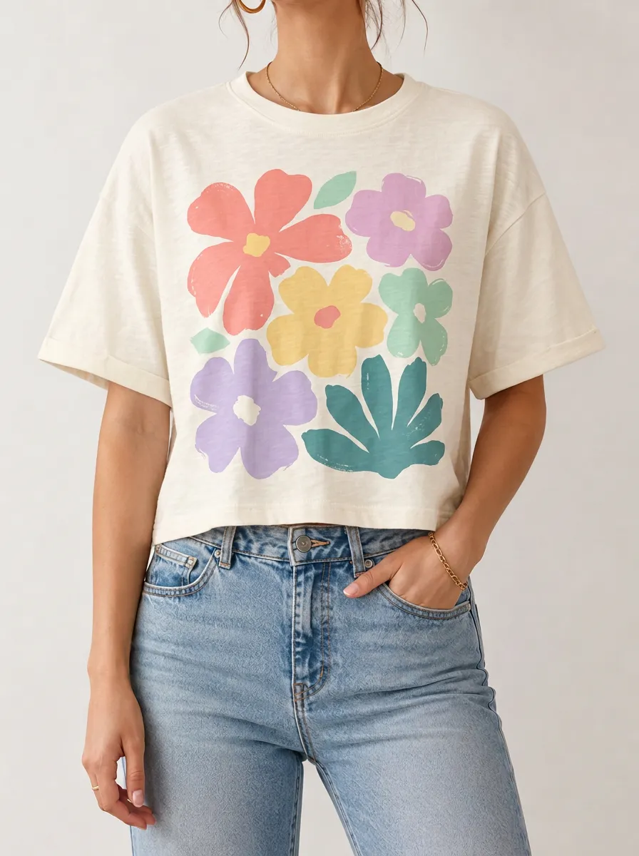 Women's Retro Floral Lover Pastel Flower Printed Crop Top