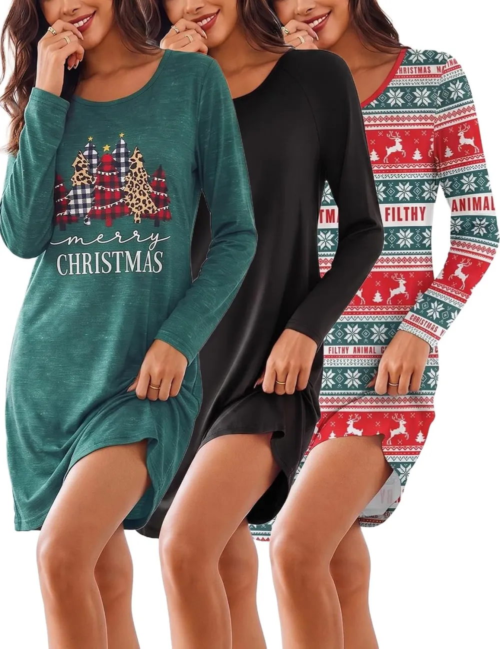 Ekouaer 3 Pack Long Sleeve Nightgowns for Women Casual Sleepwear Nightshirt