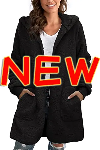 Womens Fuzzy Fleece Open Front Hooded Cardigan Jackets Sherpa Coat with Pockets
