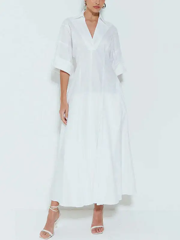 Pleated Neck Shirt Maxi Dress