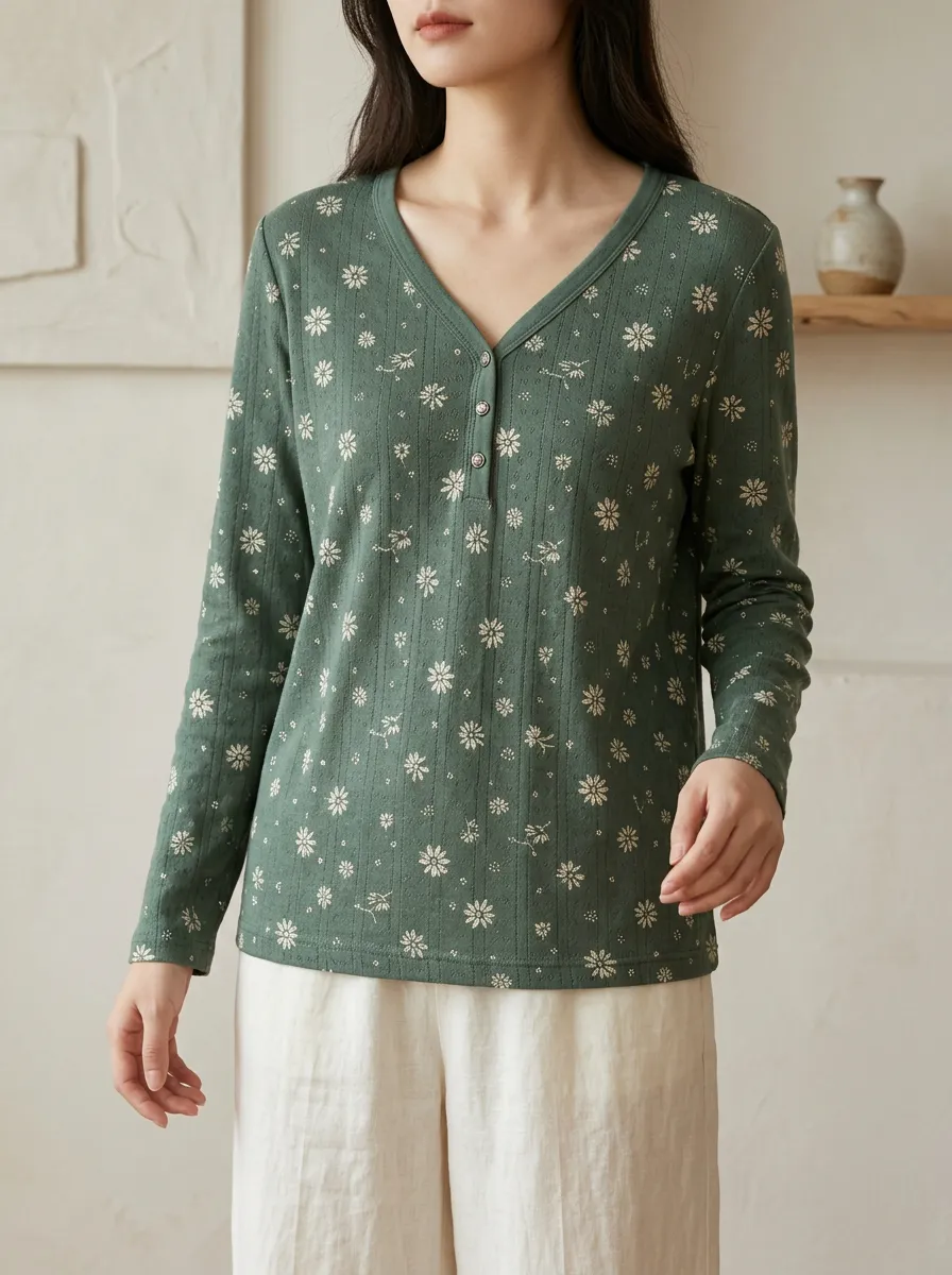 Women's Vintage Floral Green Printed Henley Shirt