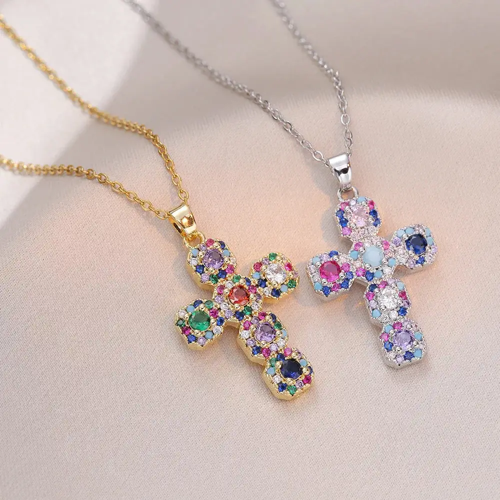 Classic Stainless Steel Zircon Cross Pendant Fashion Necklace