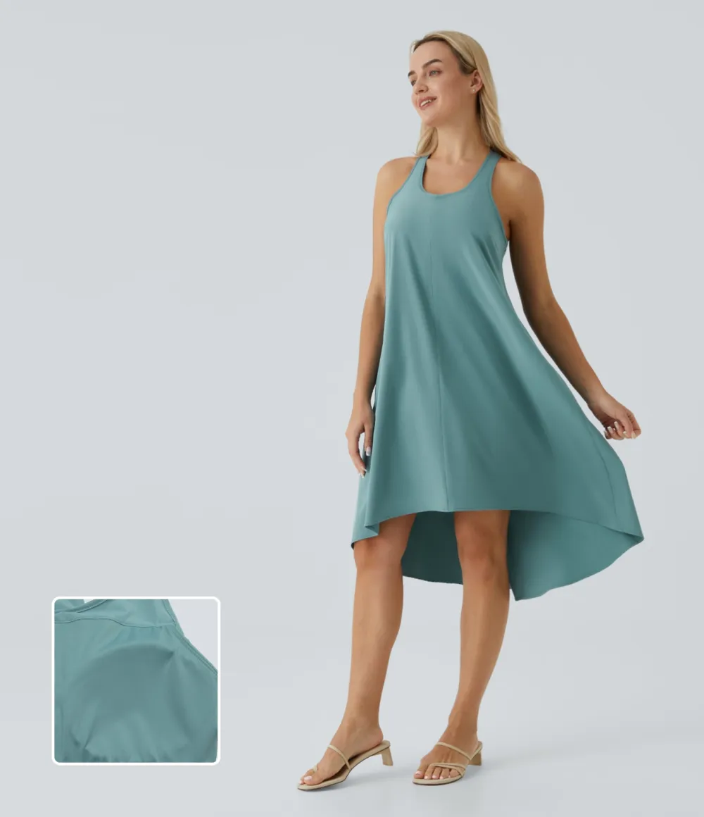 Breezeful Backless Racerback Side Pocket High Low Flowy Midi Quick Dry Casual Dress