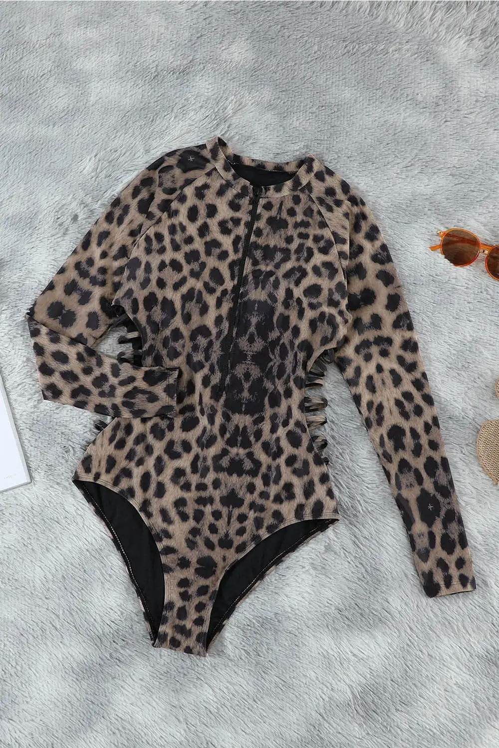 Leopard Print Zip Front Printed Long Sleeve One Piece Swimsuit Swimwear