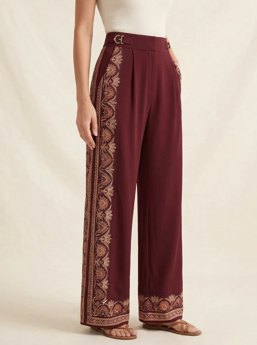 Women's Boho Style Floral Border Patterned High-Waist Wide-Leg Pants