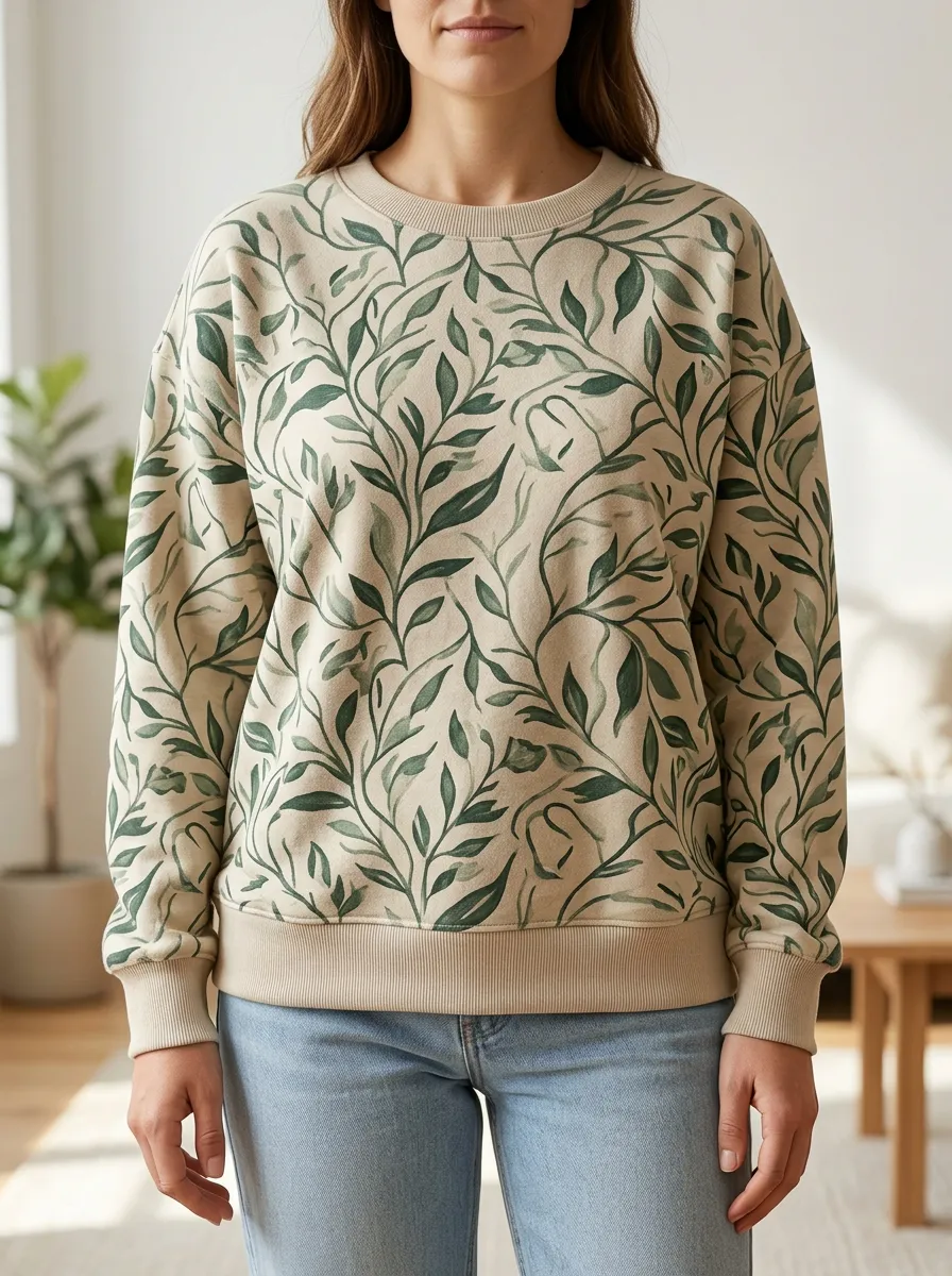Women's Leaf Print Crewneck Sweatshirt Crew Neck Fleece