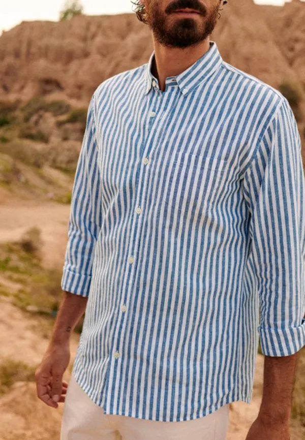 White Blue Vertical Stripe Cotton Linen Blend Shirt