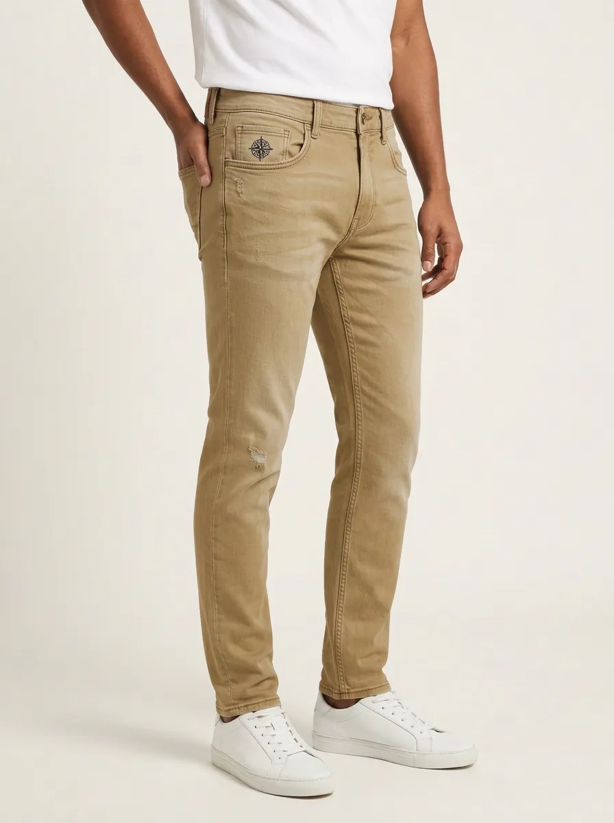 Men's Compass Emblem Distressed Printed Slim-Fit Jeans