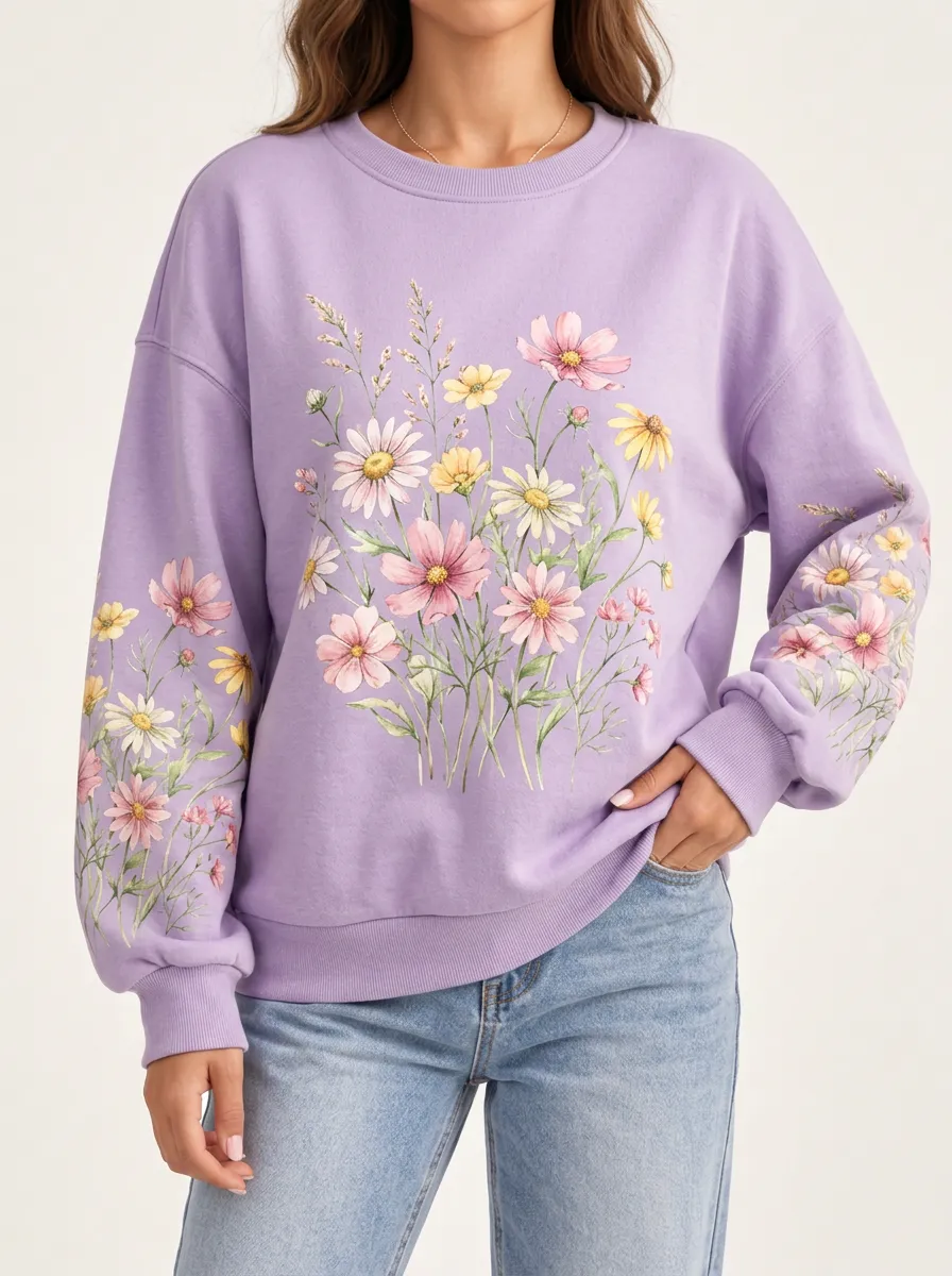 Women's Wildflower Illustration Casual Crewneck