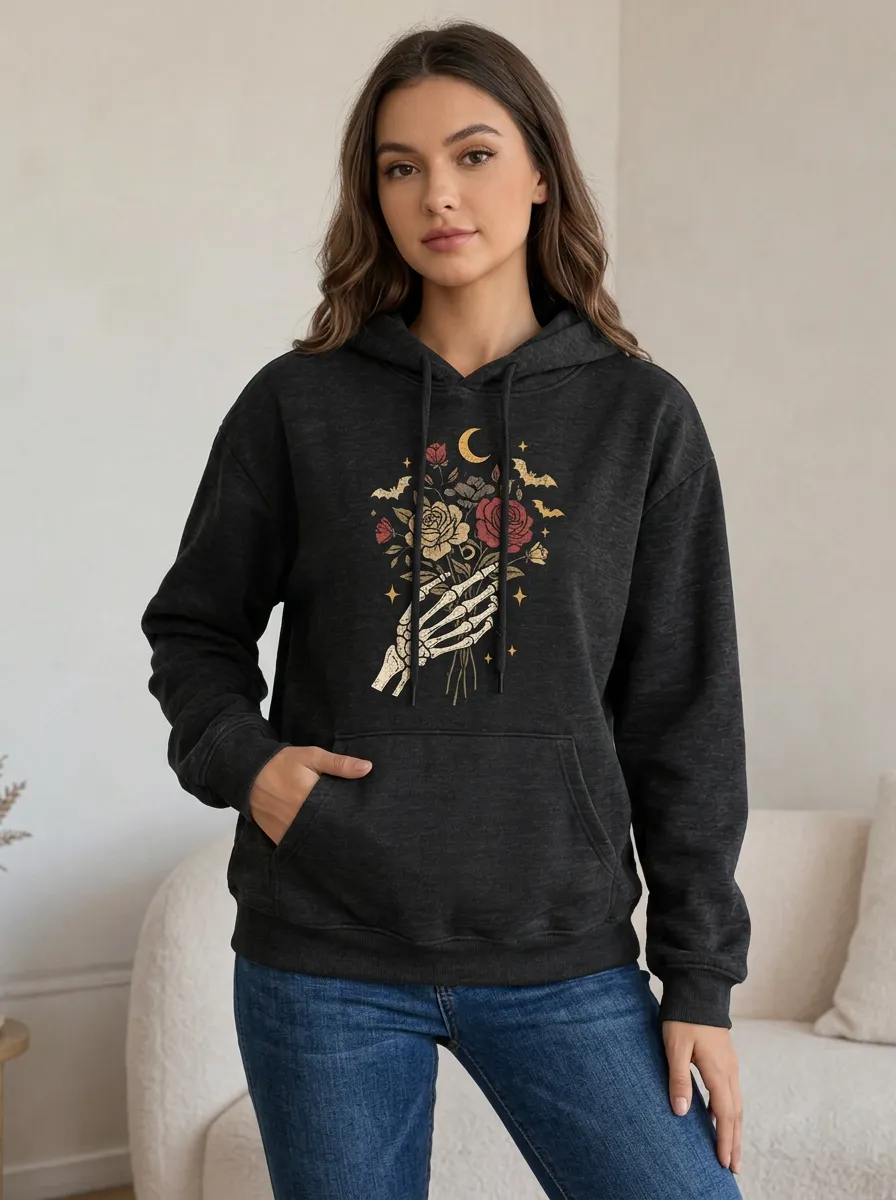 Women's Halloween Skeleton Hand Rose Floral Printed Hoodie