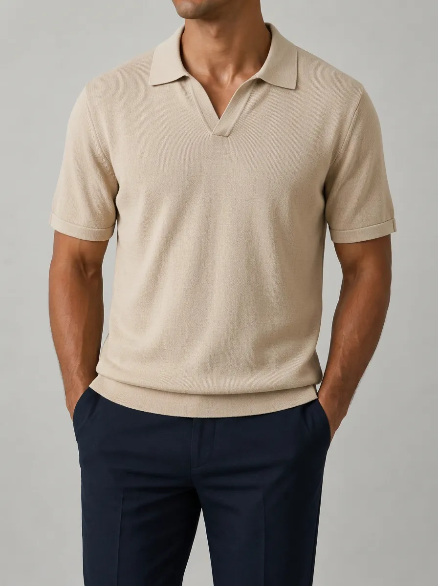 Men's Casual Minimalist Beige V-Neck Knit Polo Shirt