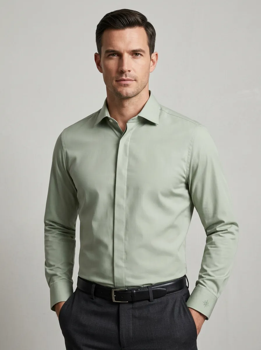Men's Non-Iron Cotton Sage Green Long Sleeve Dress Shirt