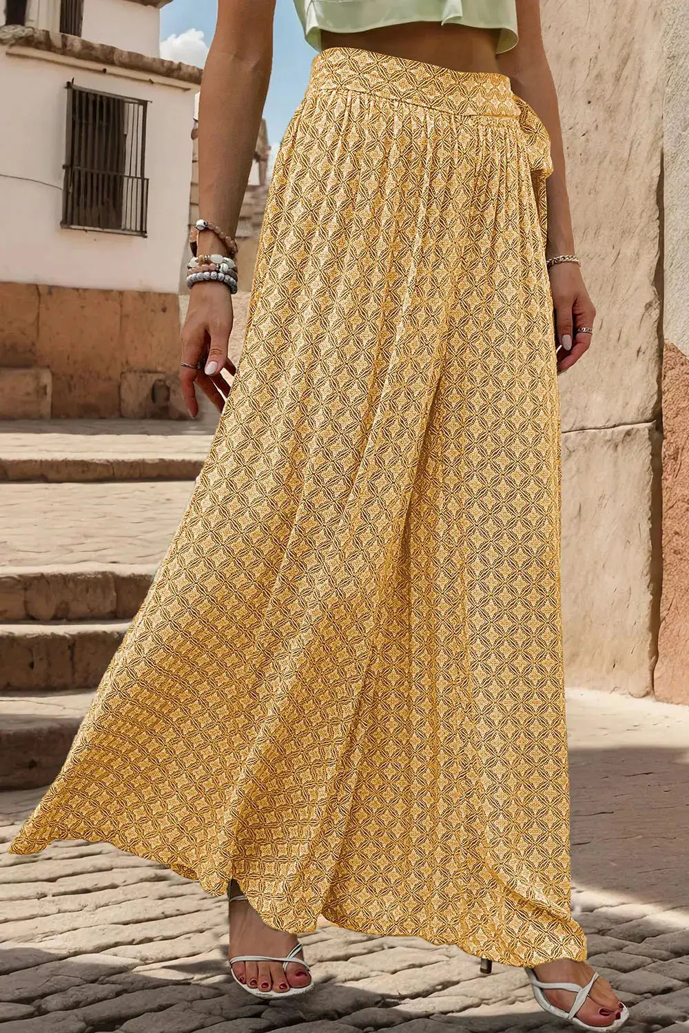 Wide Leg Tie Waist Printed Versatile Pants