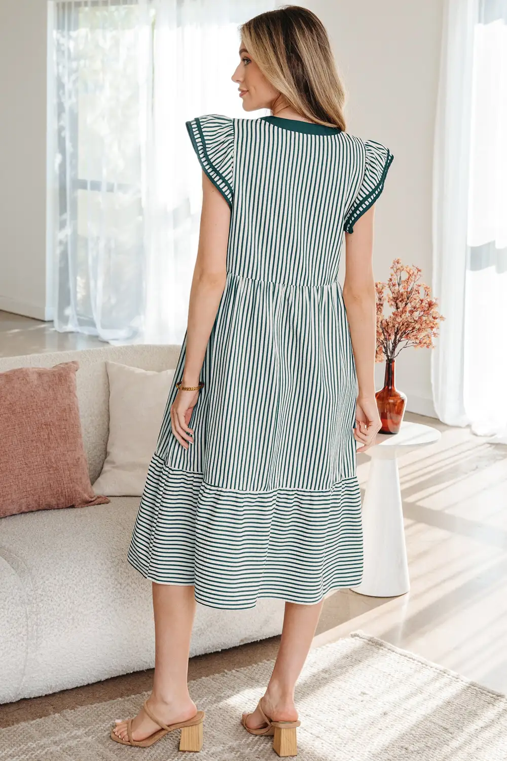 Stripe Short Sleeve V Neck Ruffle Trim Contrast Trim Midi Dress