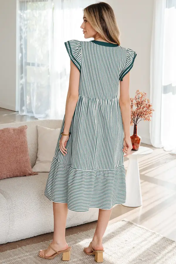 Stripe Short Sleeve V Neck Ruffle Trim Contrast Trim Midi Dress