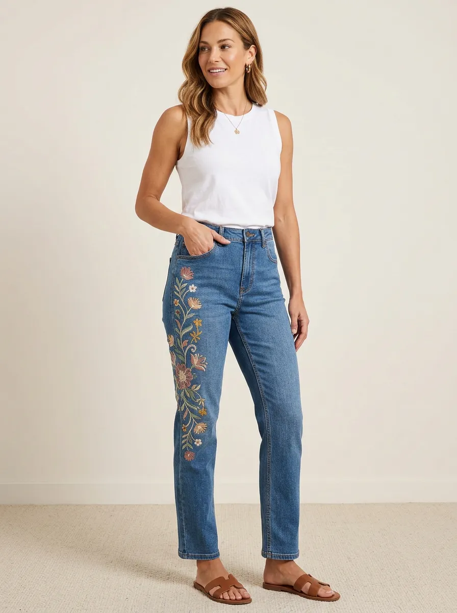 Women's Floral Nature Lover Embroidered Printed Straight Leg Jeans
